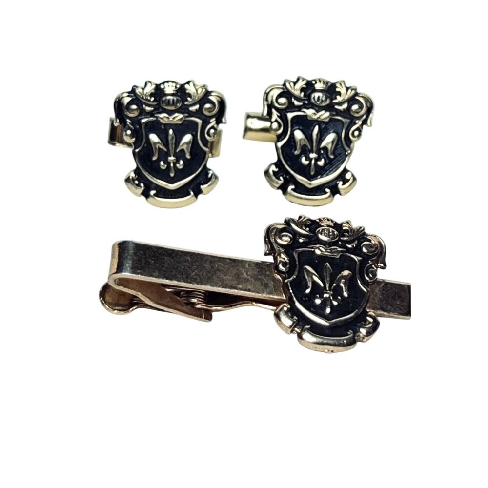 Vintage Gold Tone W/ Black Enamel Fleur Di Lis Tie Bar And Cufflinks Set (6057)